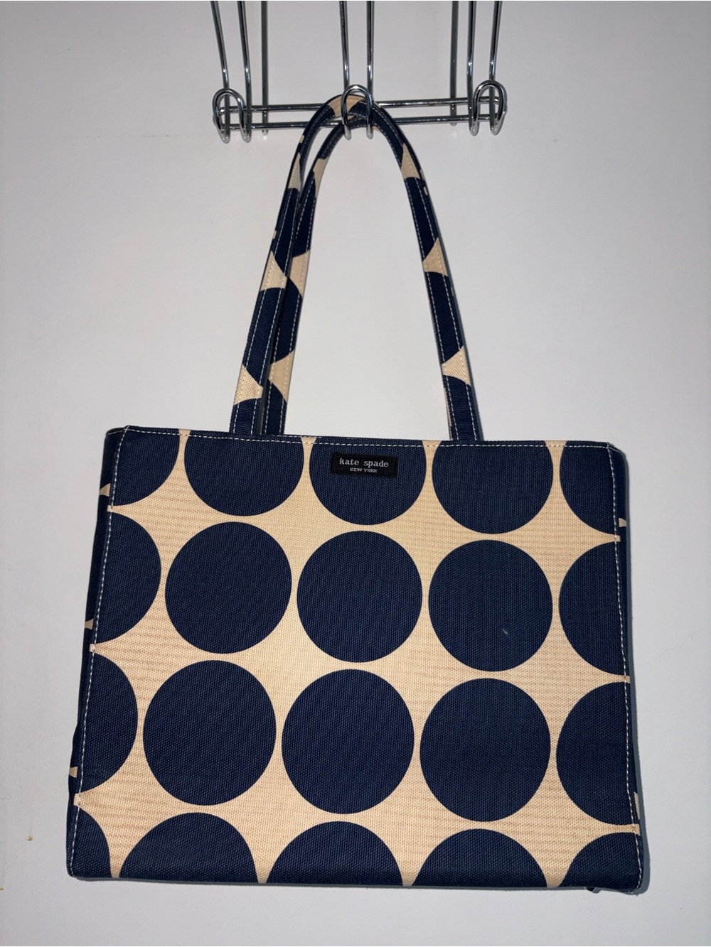 Vintage kate spade Navy and Cream Large Polka Dot Canvas Tote